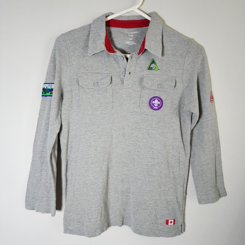 Scouts Canada Long Sleeve Polo Shirt Youth Large Boy Gray Patch Uniform Top Cub